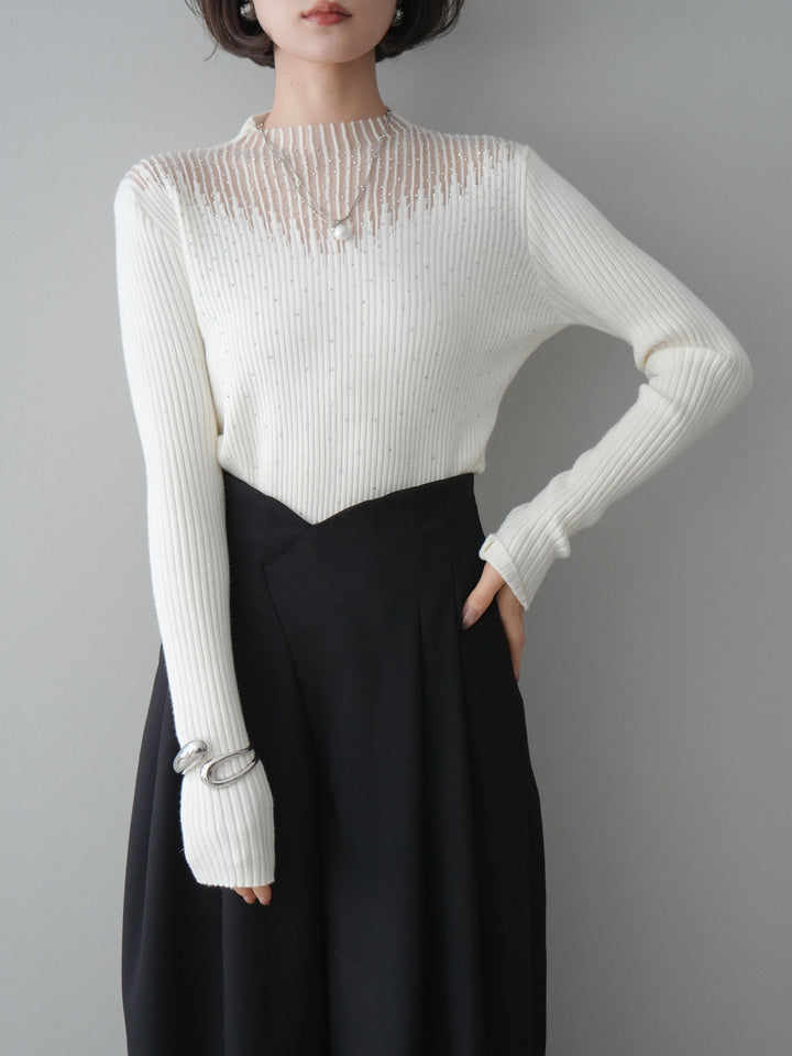 [SET]シアー切替スパンコールリブニットトップス+デザインハイウエストワイドパンツ(2set)