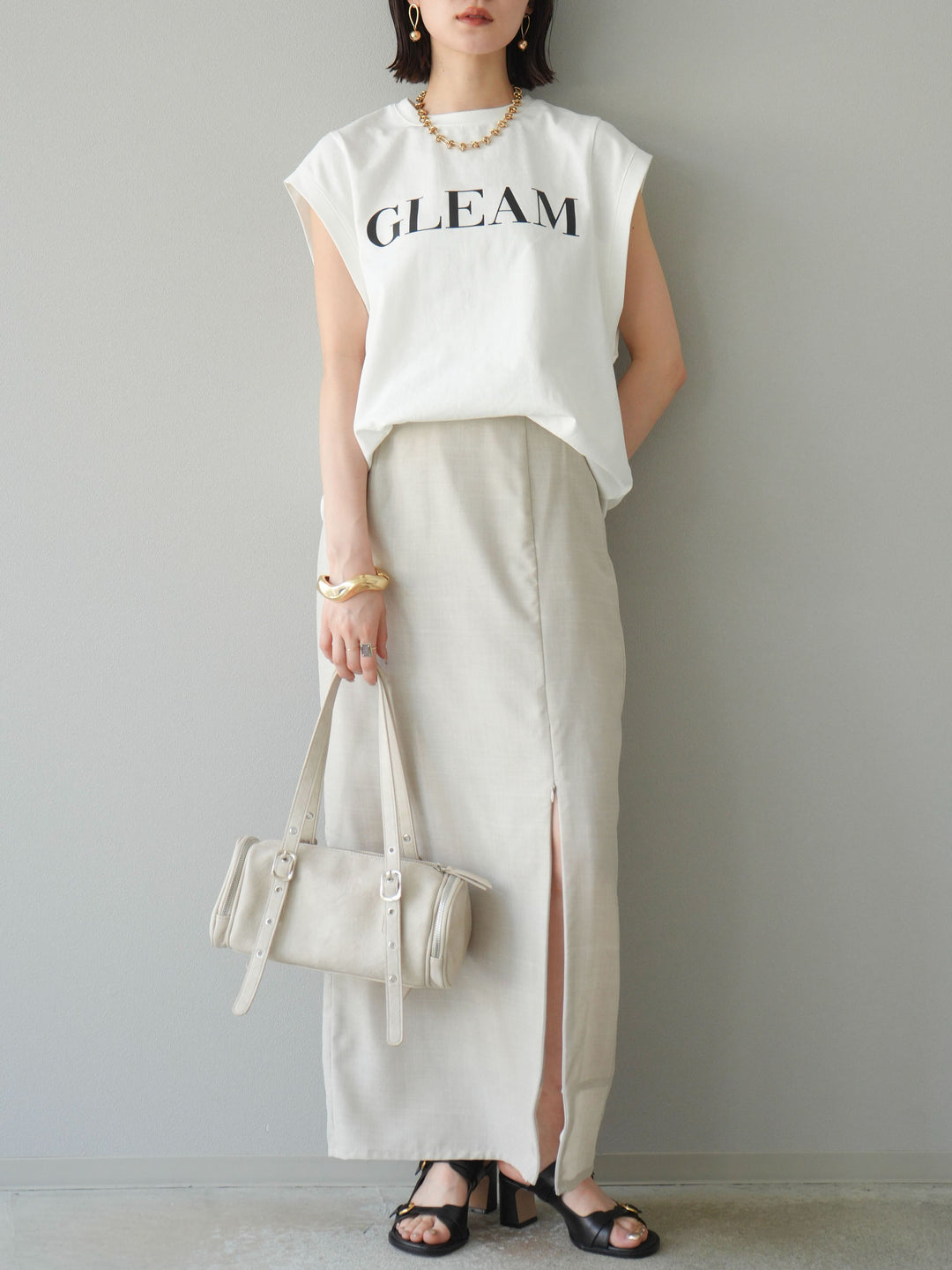 [予約]リネンライクZIPスリットタイトスカート/エクリュ