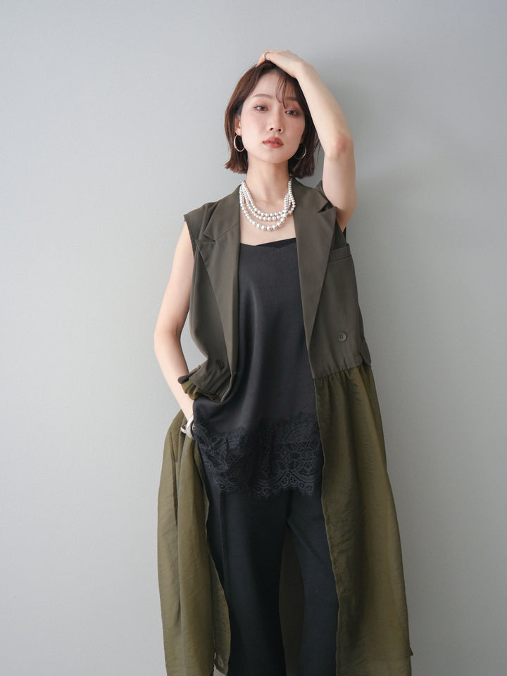 [SET]シアーレイヤードテーラードロングジレ+レーストリムキャミソール+2WAYデザインスウェットパンツ(3set)