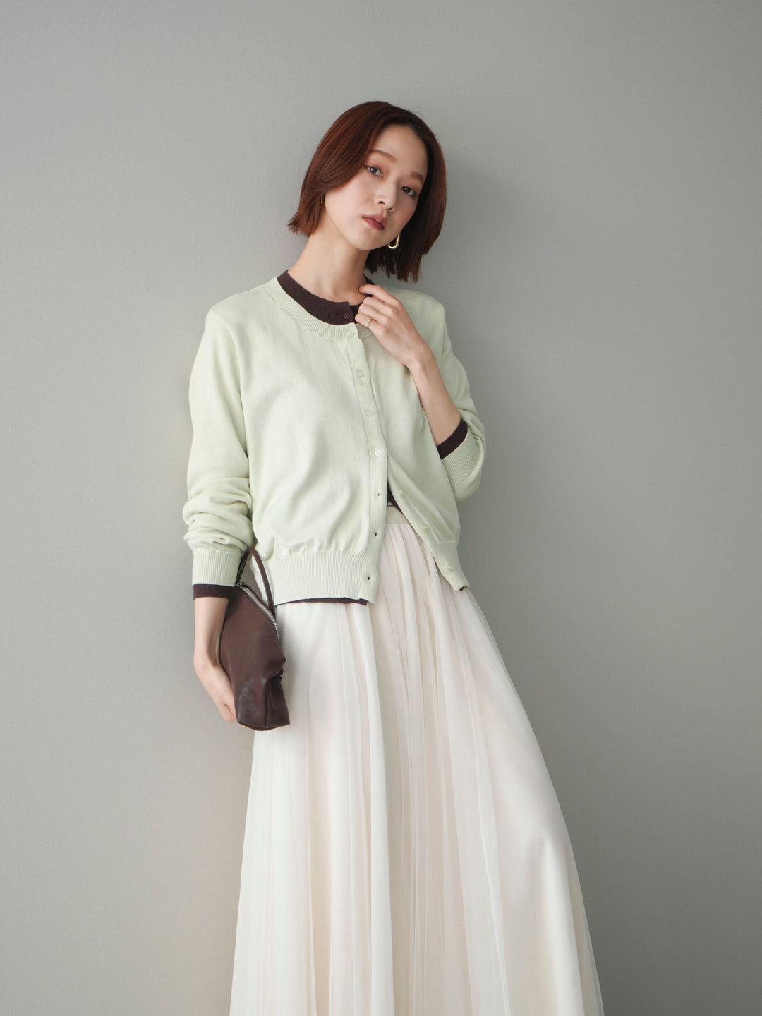 [予約]配色レイヤードコットンアクリルニットカーディガン/mint