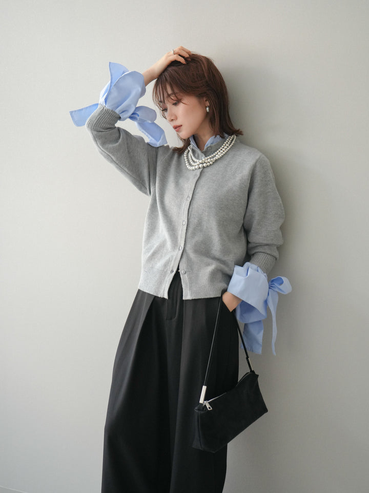 [予約]ウールライクリボンシャツカーディガン/gray