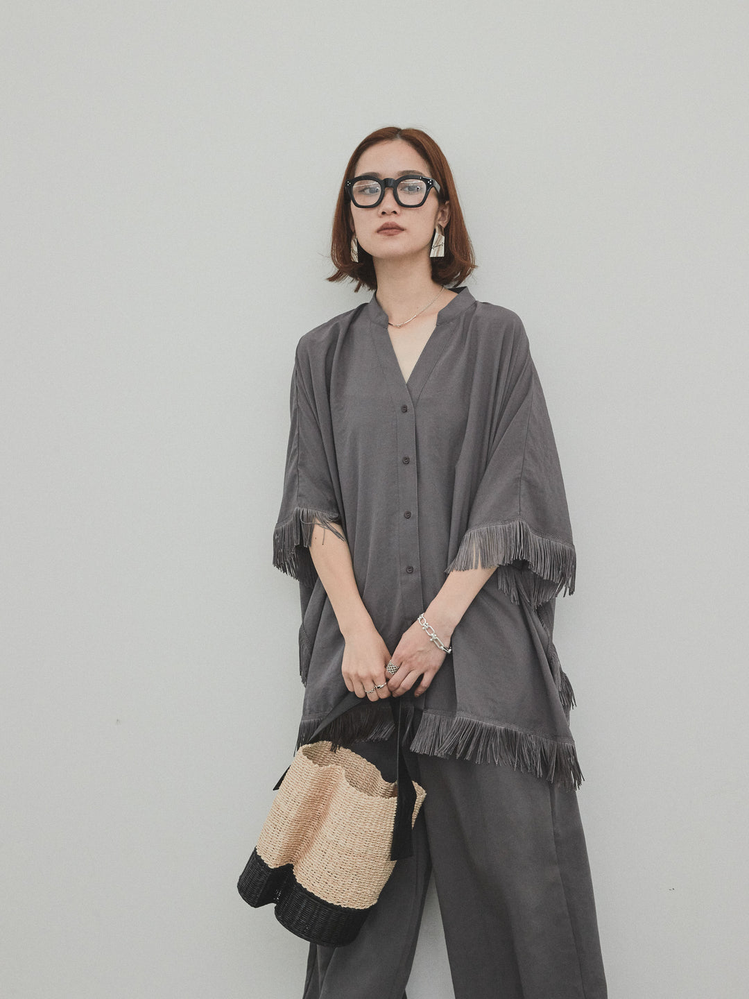 [SET] 方形流蘇斗篷襯衫 + 方形流蘇斗篷襯衫（2 件套）