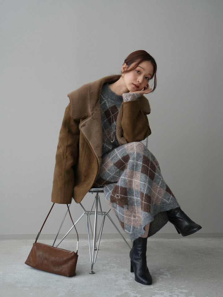 [SET]アーガイルニットプルオーバー&ロングスカートSET UP+ムートンショートジャケット(2set)