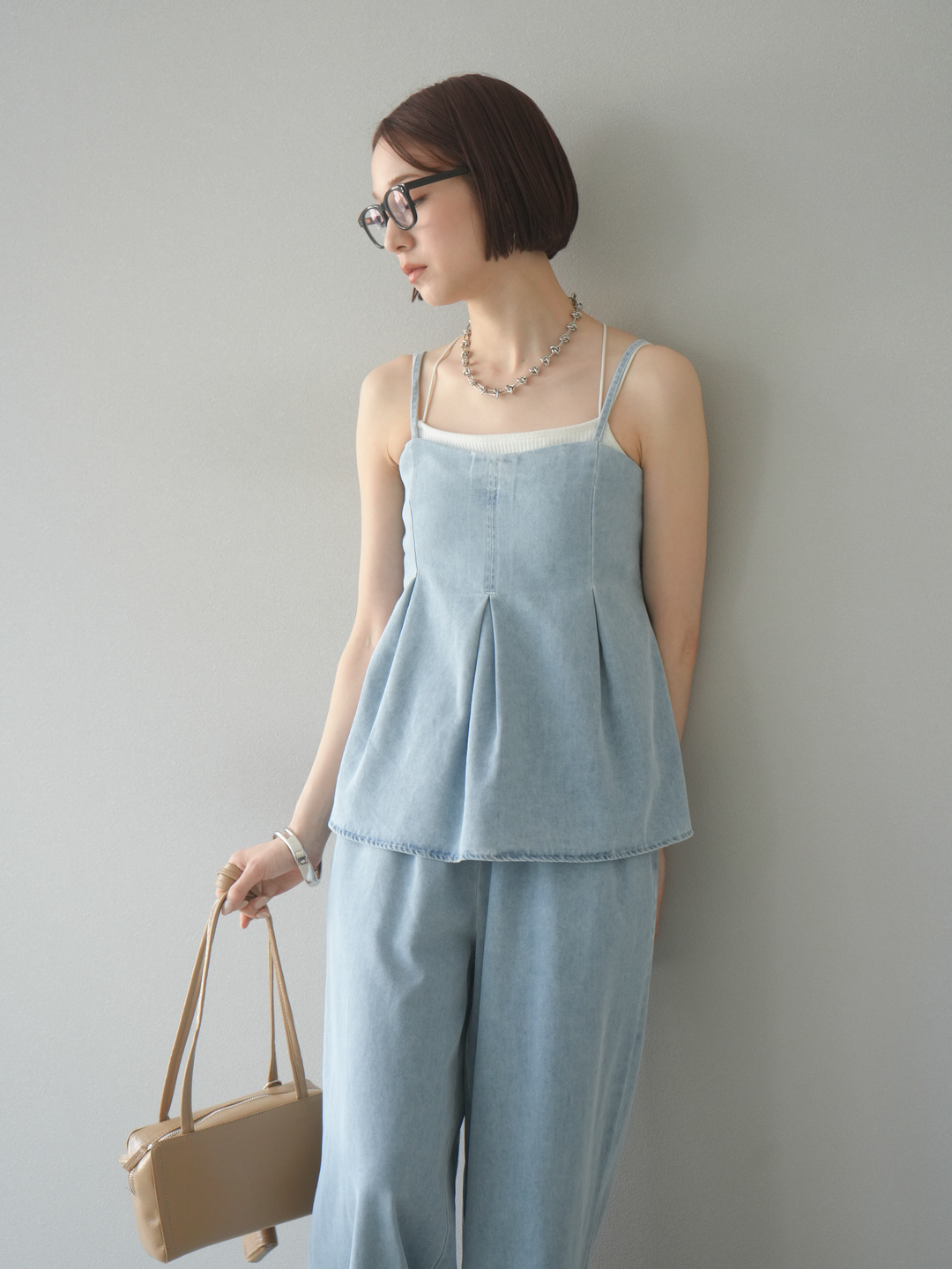 [SET]デニムタックフレアキャミソール＆イージーワイドパンツSET UP(2set)