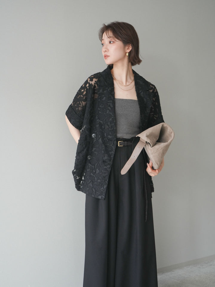 【套裝】花朵蕾絲短袖外套+垂褶收腰帶環長褲（兩件套）