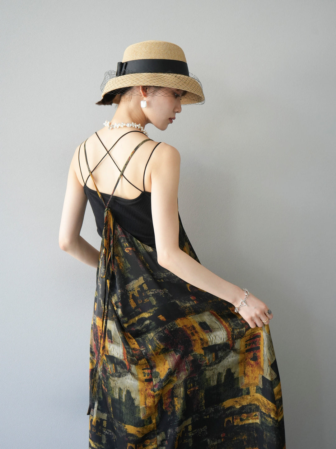 [Pre-order] Nuanced Pattern Back Cross Camisole Dress/Yellow