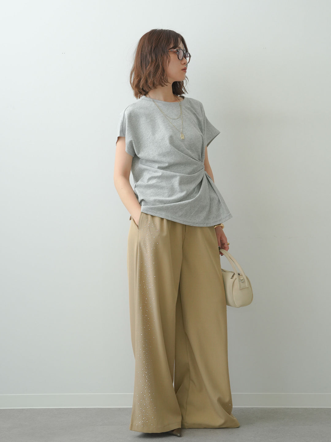 [SET]サイドノットTEE+ポーチベルト付サイドビジュータックワイドパンツ(2set)