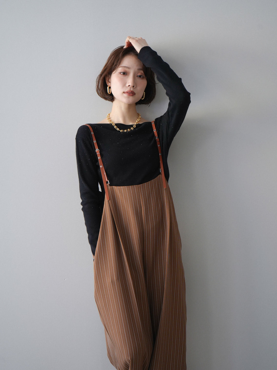 [予約]ヘリンボーンストライプサス付サロペット/goldbrown