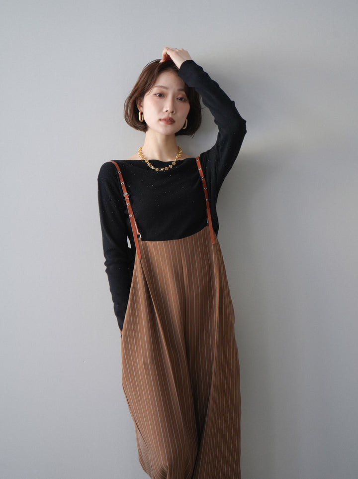 [予約]ヘリンボーンストライプサス付サロペット/goldbrown