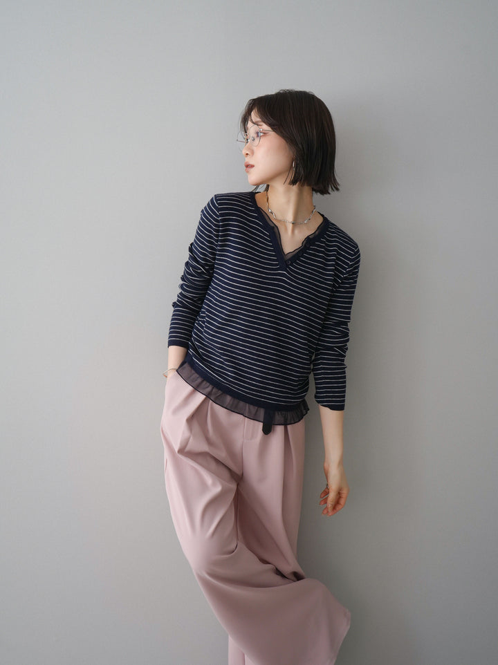 [SET]チュールレイヤードデザインボーダーニットトップス+選べるアクセセット(2set)