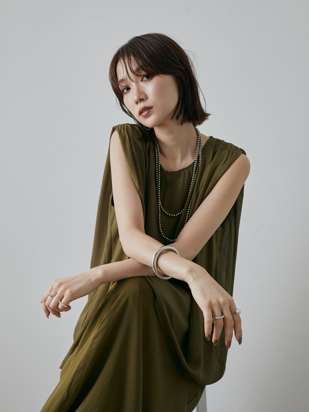 [預購] 透視褶肩襯衫/綠色