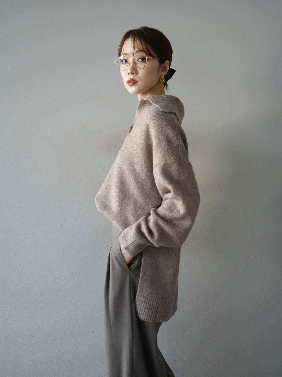 [予約]スキッパーオーバーニットプルオーバー/greige