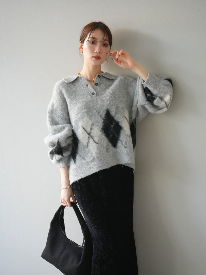 [予約]アーガイル柄ルーズポロニットプルオーバー/gray