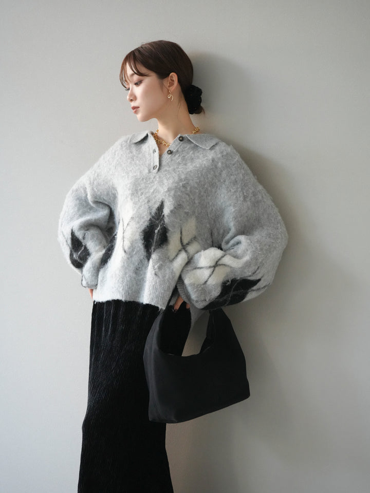 [予約]アーガイル柄ルーズポロニットプルオーバー/gray