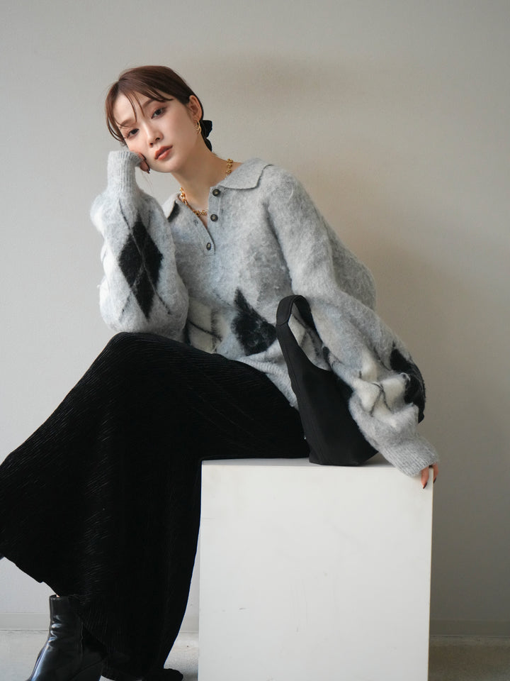 [予約]アーガイル柄ルーズポロニットプルオーバー/gray