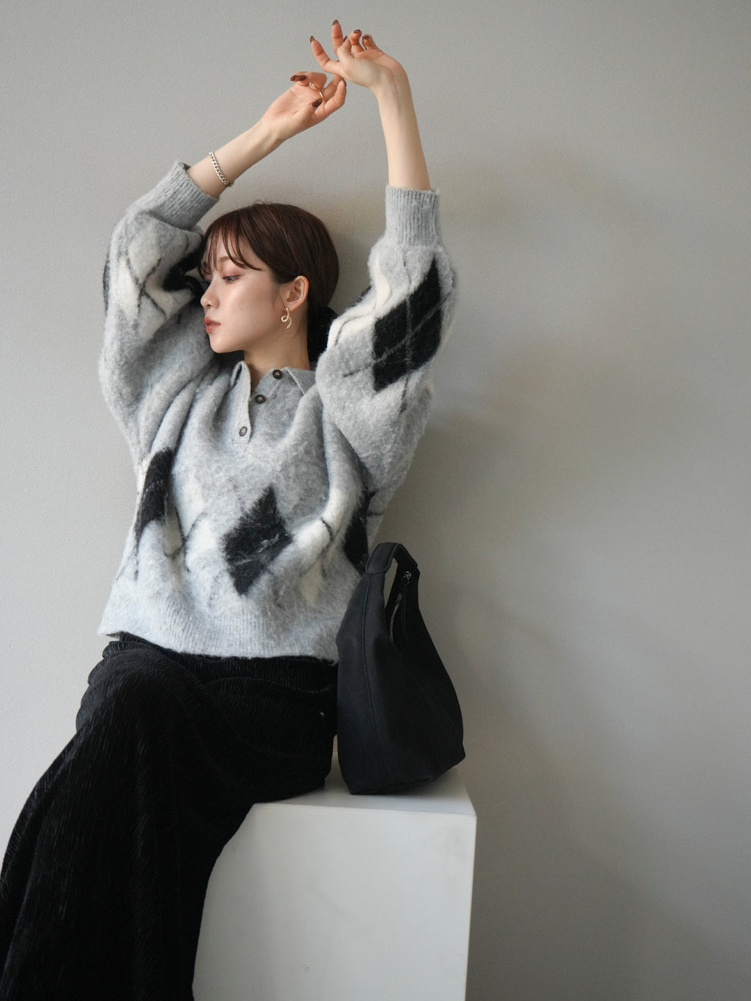 [予約]アーガイル柄ルーズポロニットプルオーバー/gray