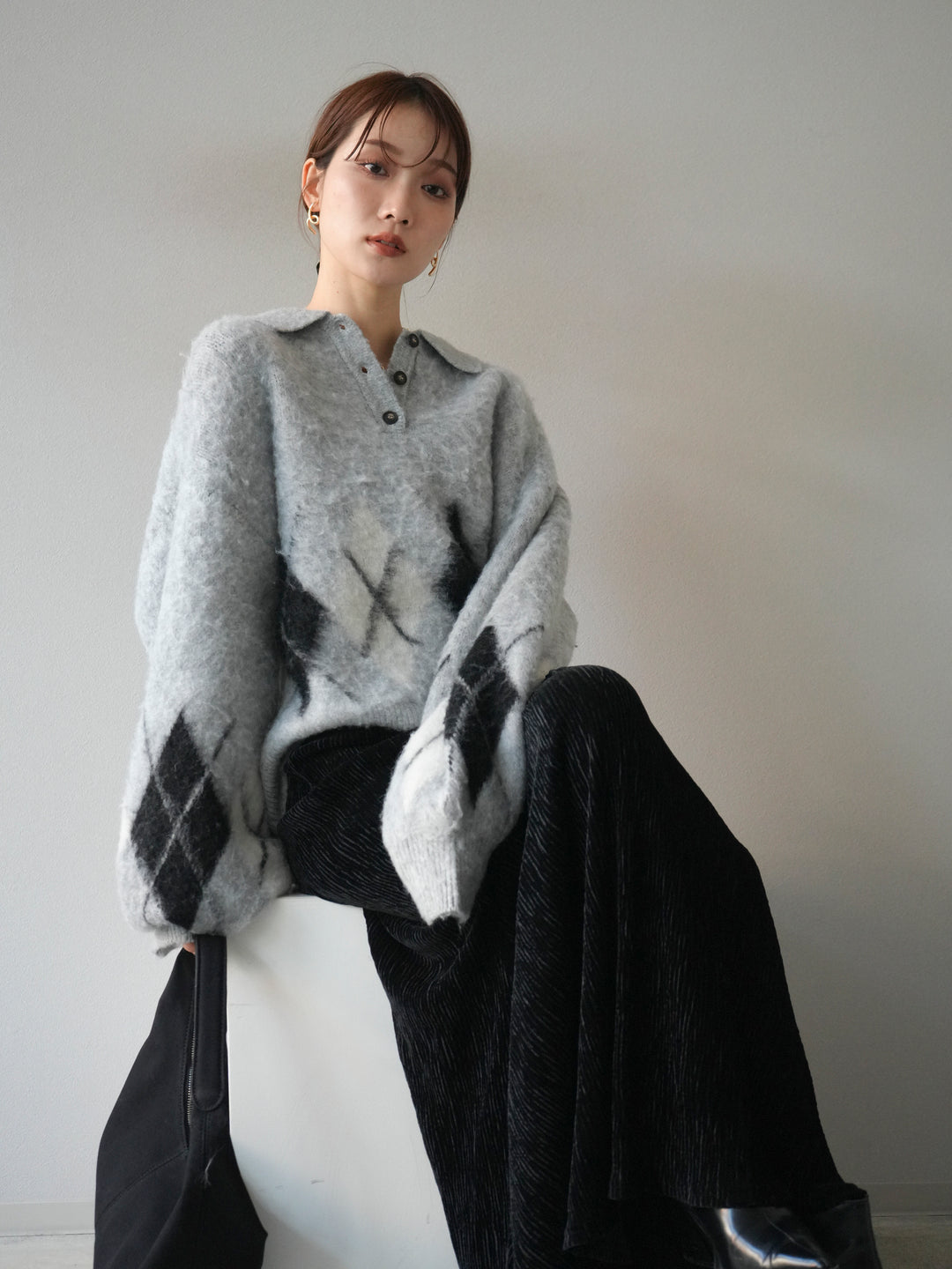 [予約]アーガイル柄ルーズポロニットプルオーバー/gray