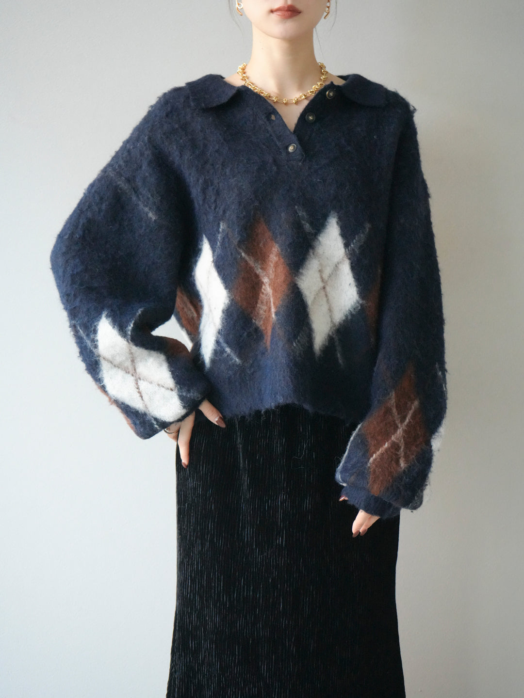 [予約]アーガイル柄ルーズポロニットプルオーバー/navy