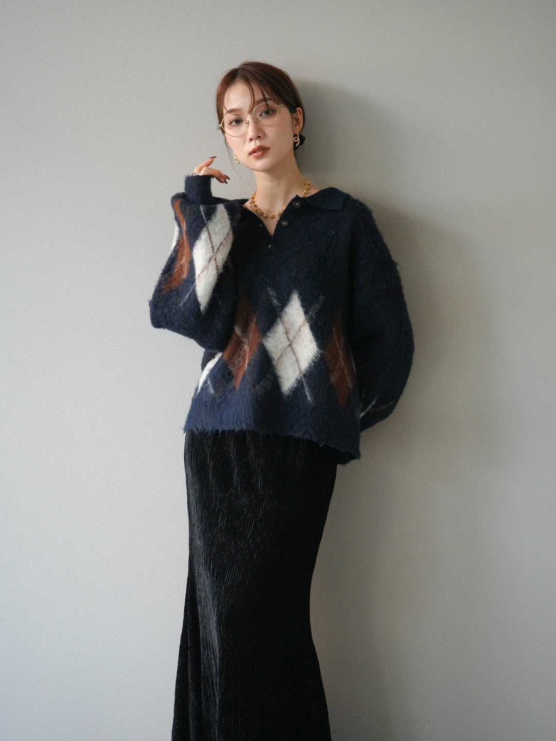 [予約]アーガイル柄ルーズポロニットプルオーバー/navy