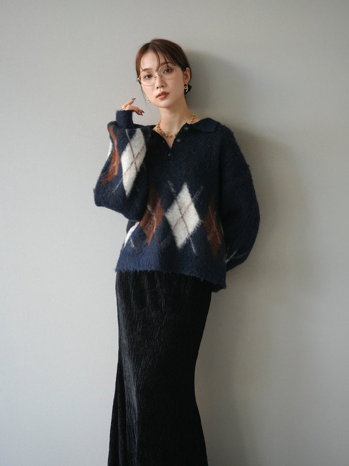 [予約]アーガイル柄ルーズポロニットプルオーバー/navy