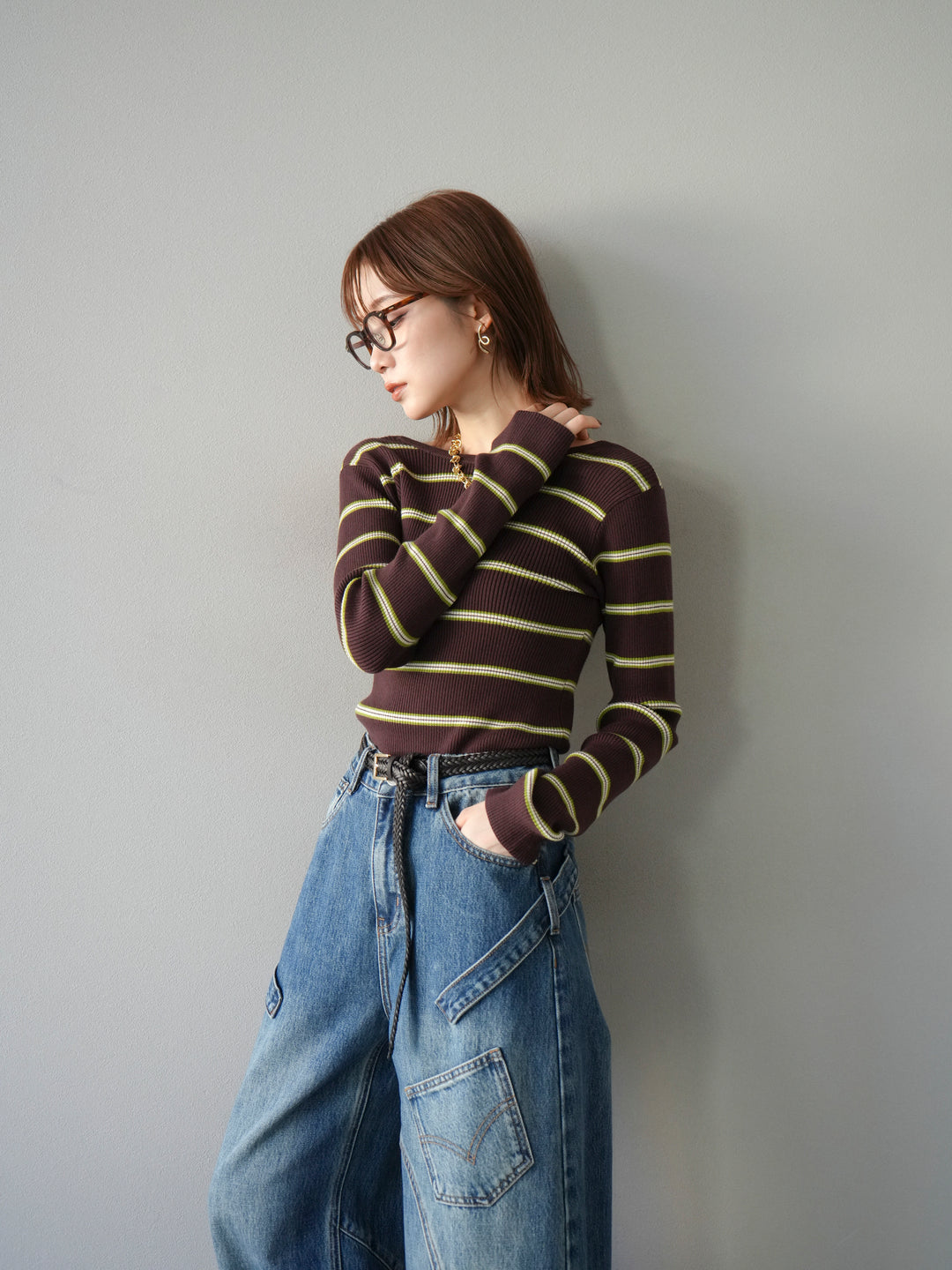 【SET】後開條紋毛圈羅紋上衣+畫家曲線牛仔褲（2件組）