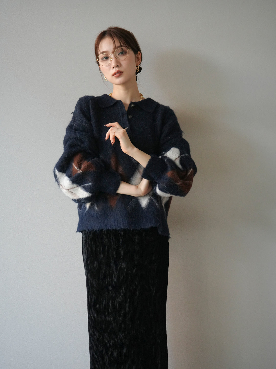 [予約]アーガイル柄ルーズポロニットプルオーバー/navy