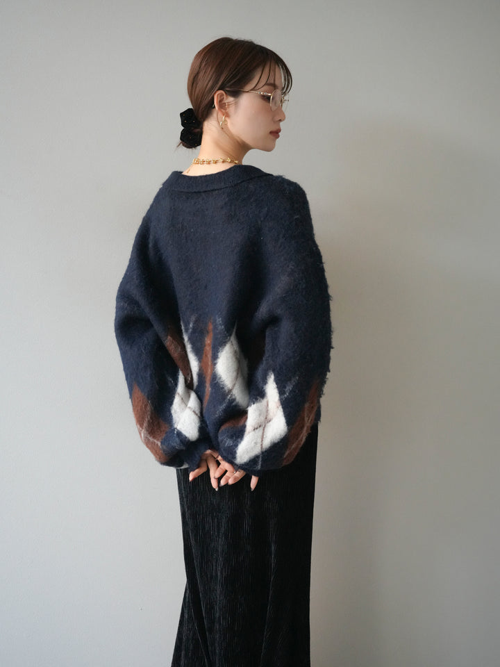 [予約]アーガイル柄ルーズポロニットプルオーバー/navy