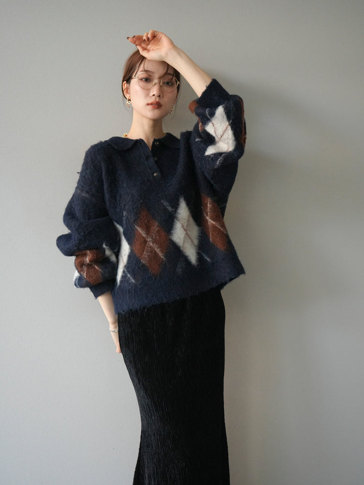 [予約]アーガイル柄ルーズポロニットプルオーバー/navy
