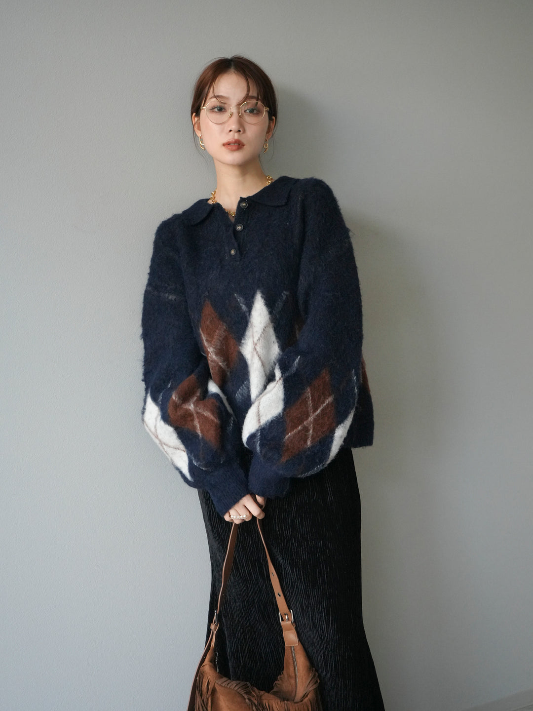 [予約]アーガイル柄ルーズポロニットプルオーバー/navy