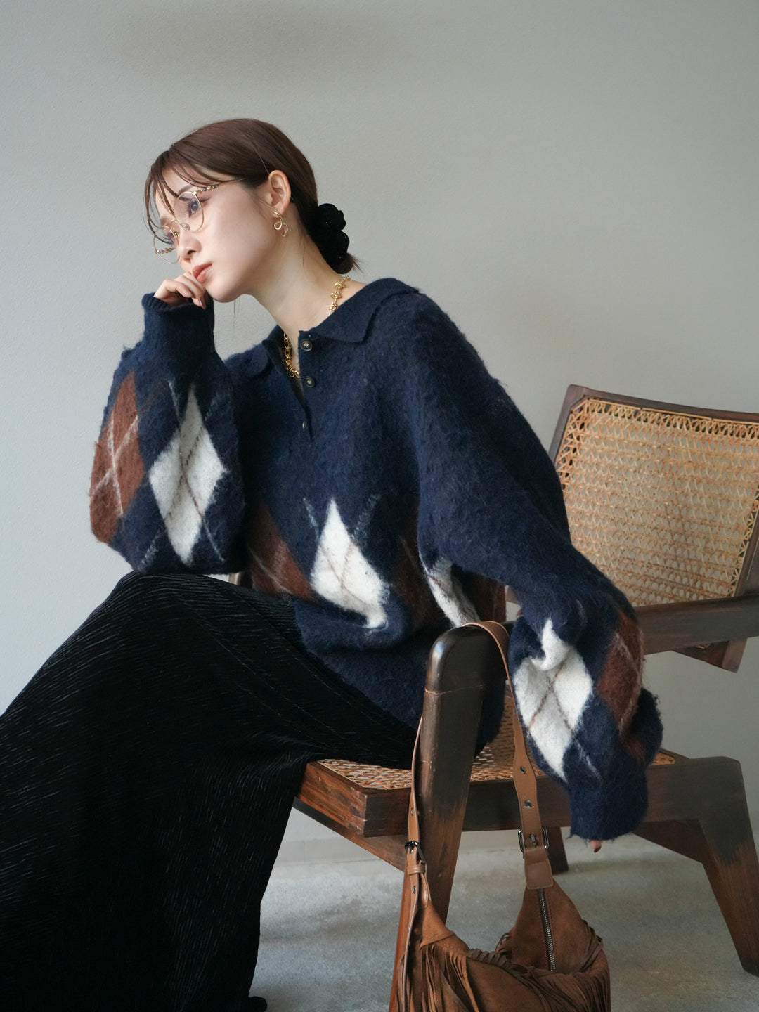 [予約]アーガイル柄ルーズポロニットプルオーバー/navy