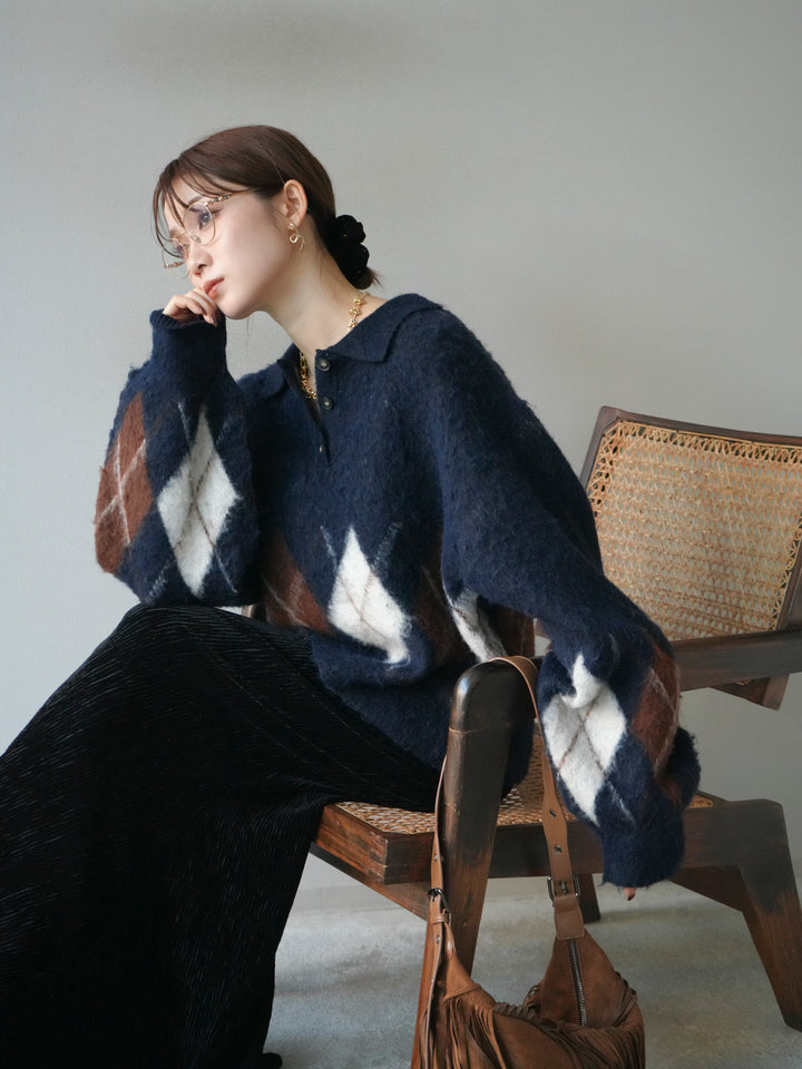 [予約]アーガイル柄ルーズポロニットプルオーバー/navy