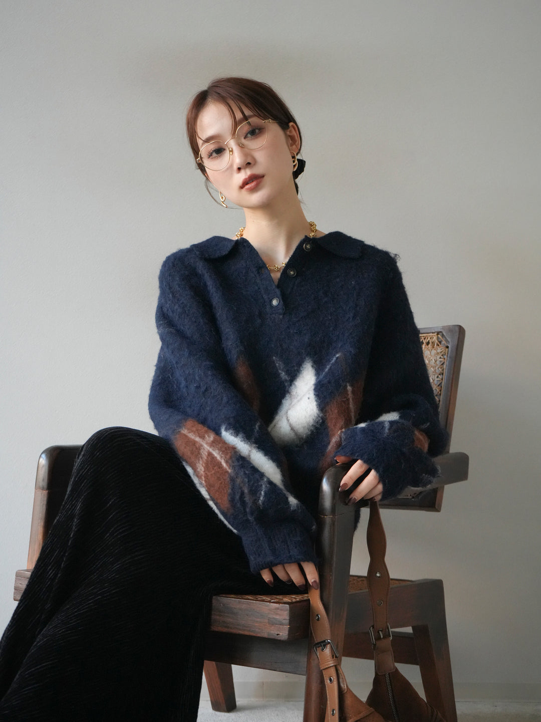 [予約]アーガイル柄ルーズポロニットプルオーバー/navy
