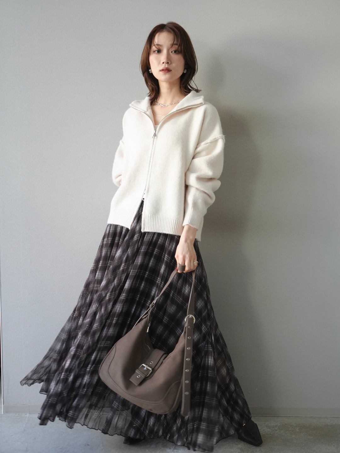 [予約]スタンドネックダブルZIPニットカーディガン/ivory