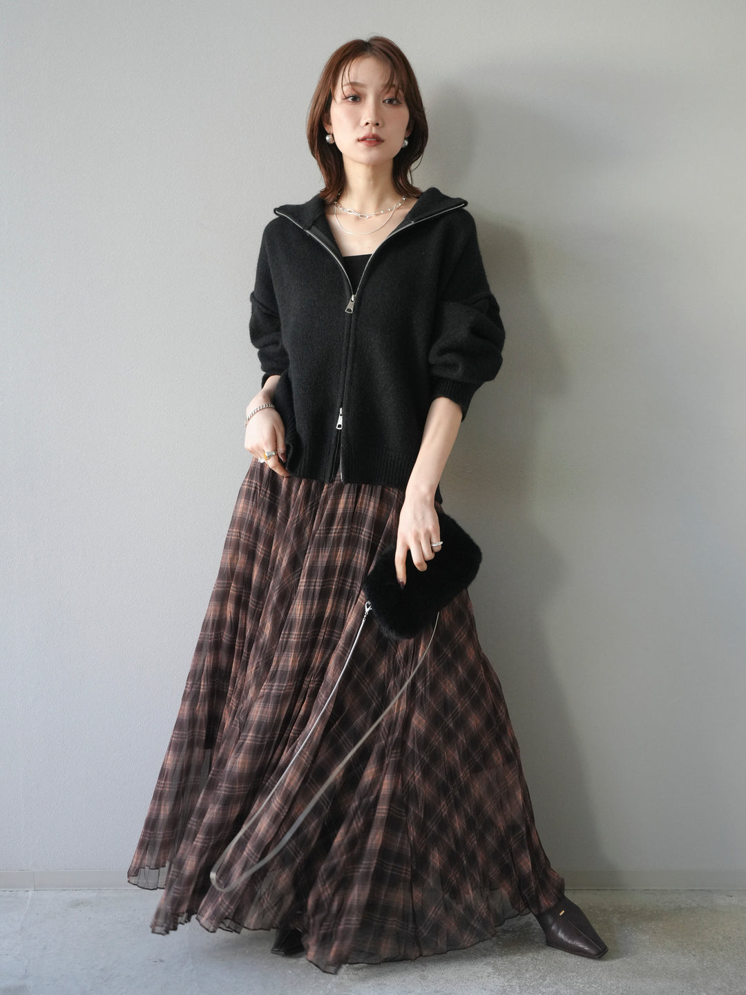 [予約]スタンドネックダブルZIPニットカーディガン/black