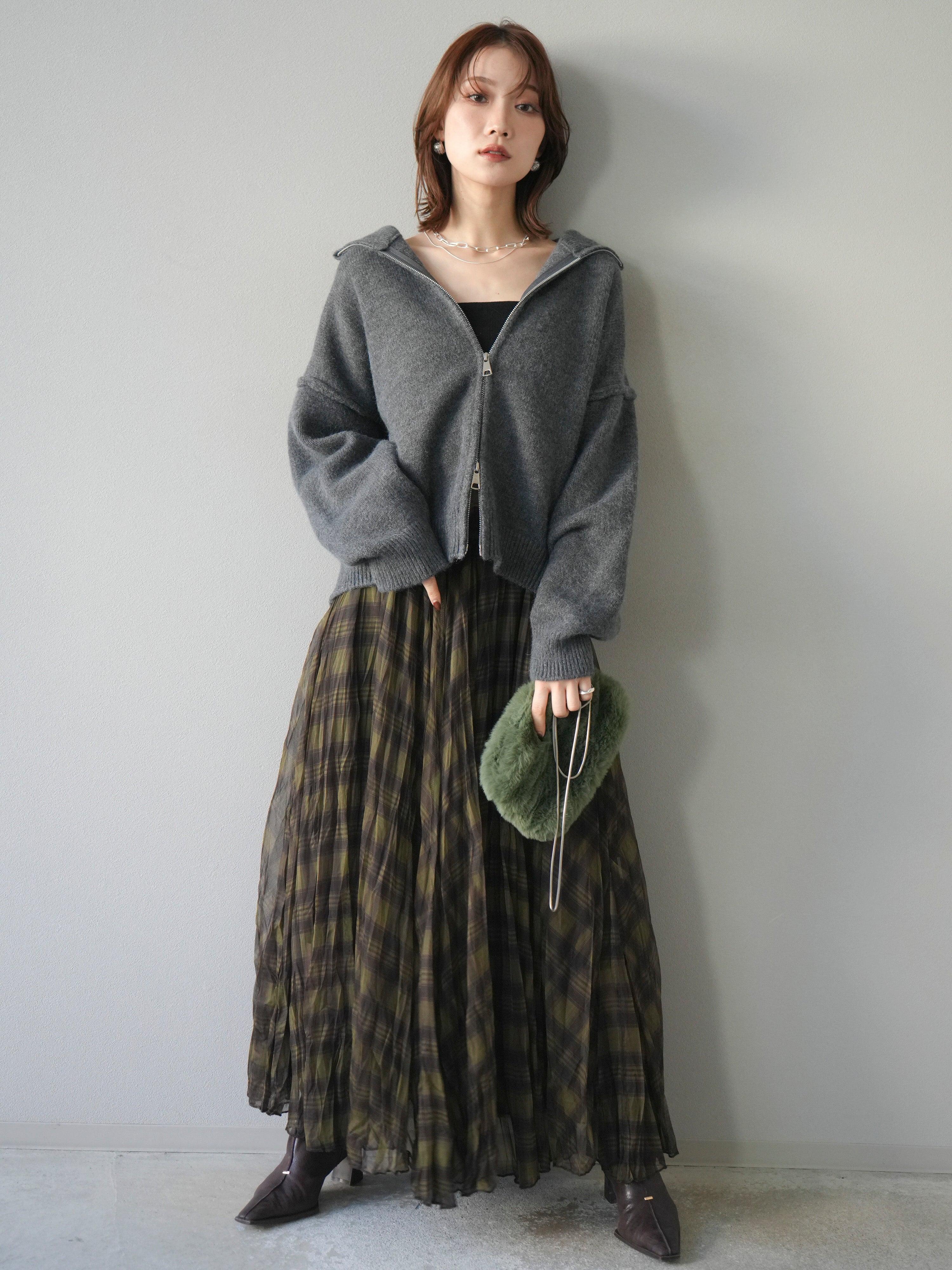 予約]スタンドネックダブルZIPニットカーディガン/darkgray – Lumier