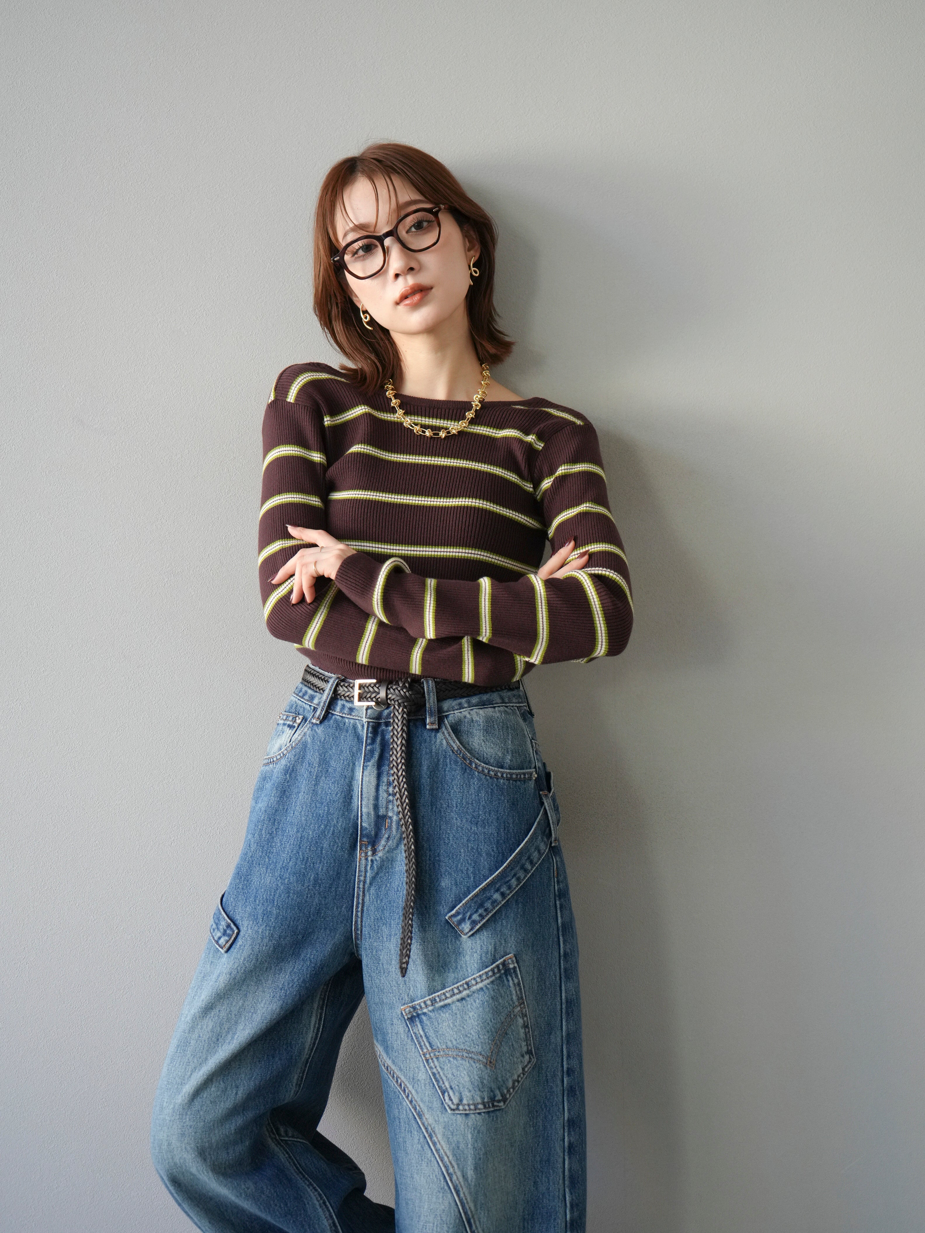 SET]バックオープンボーダーテレコリブトップス+ペインターカーブ