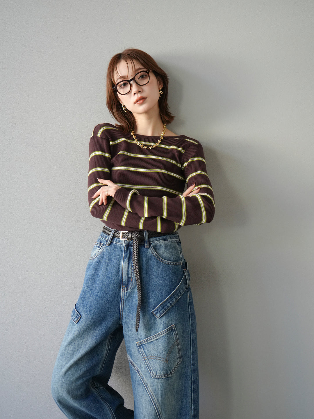 【SET】後開條紋毛圈羅紋上衣+畫家曲線牛仔褲（2件組）