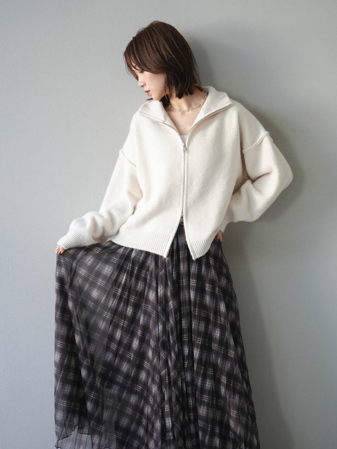 [予約]スタンドネックダブルZIPニットカーディガン/ivory