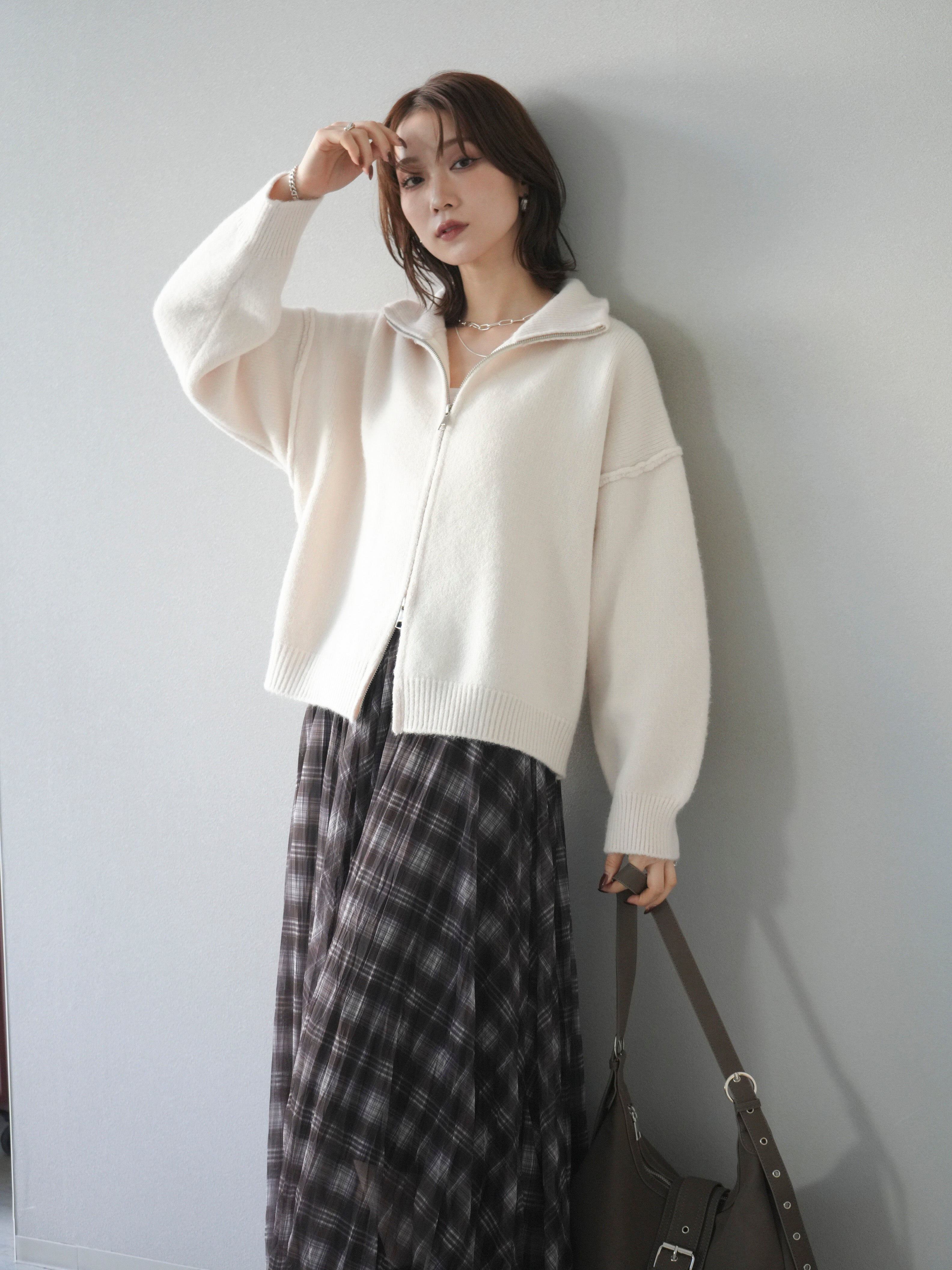 SET]スタンドネックダブルZIPニットカーディガン+チェック柄