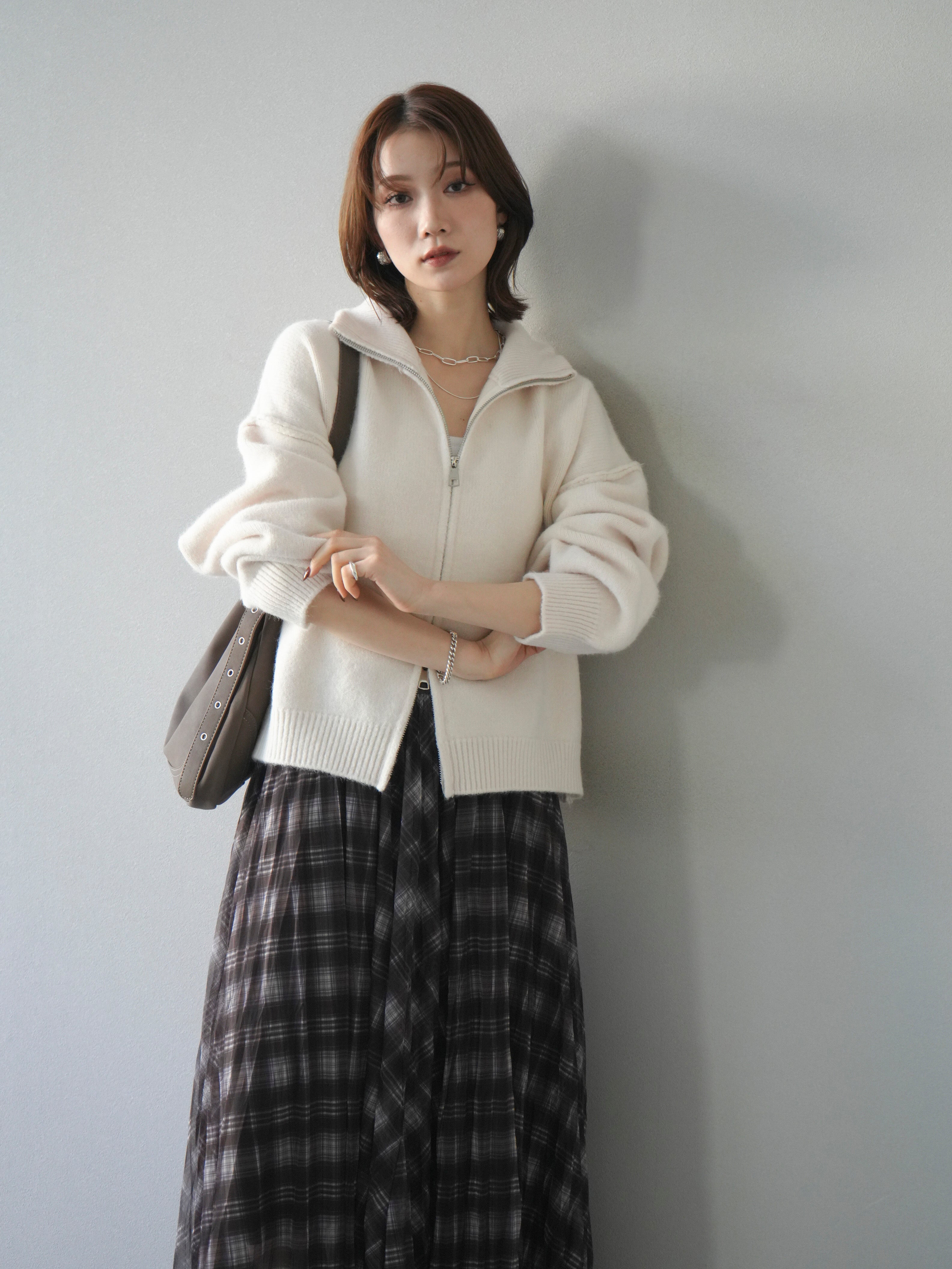 SET]スタンドネックダブルZIPニットカーディガン+チェック柄