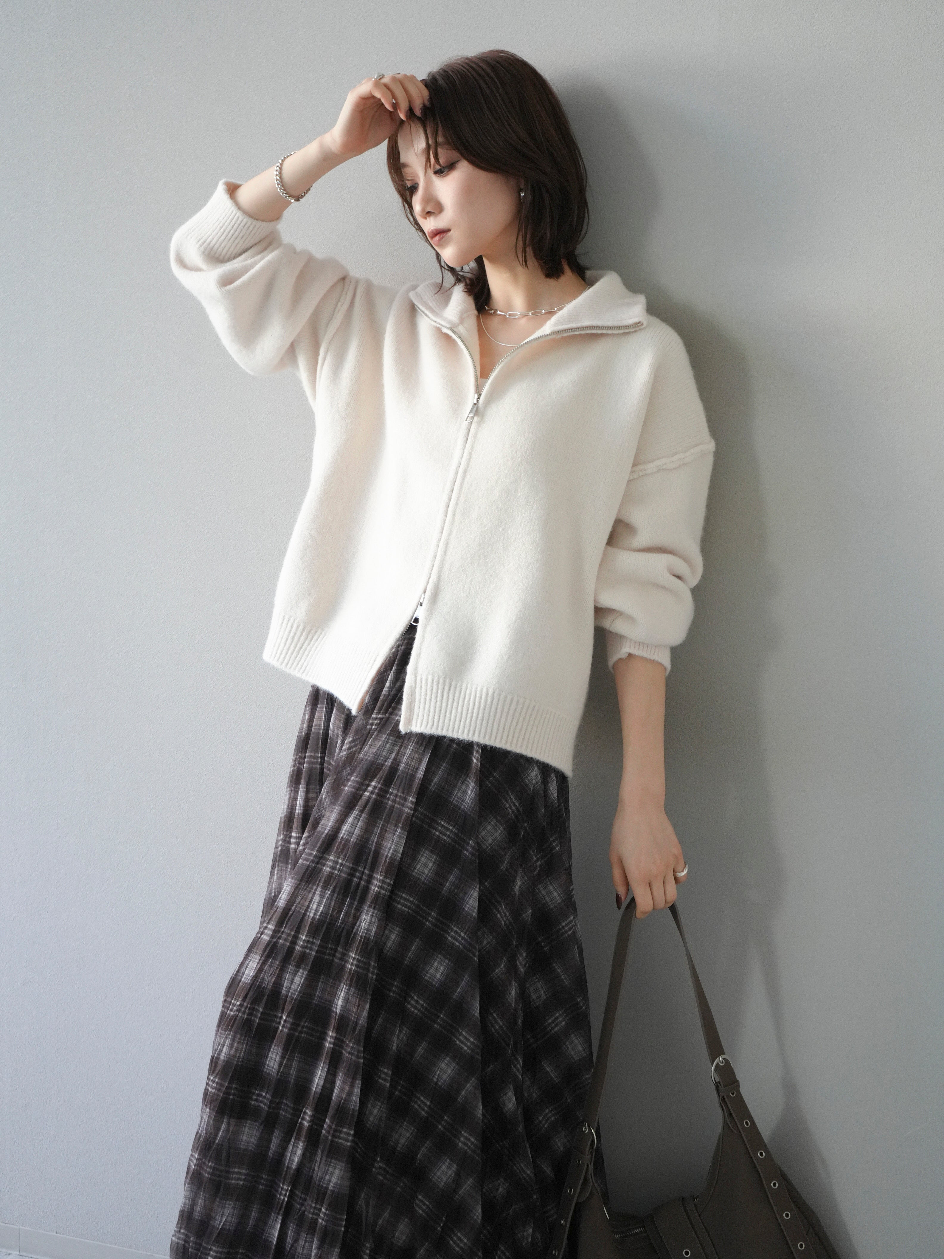 8]スタンドネックダブルZIPニットカーディガン/ivory – Lumier