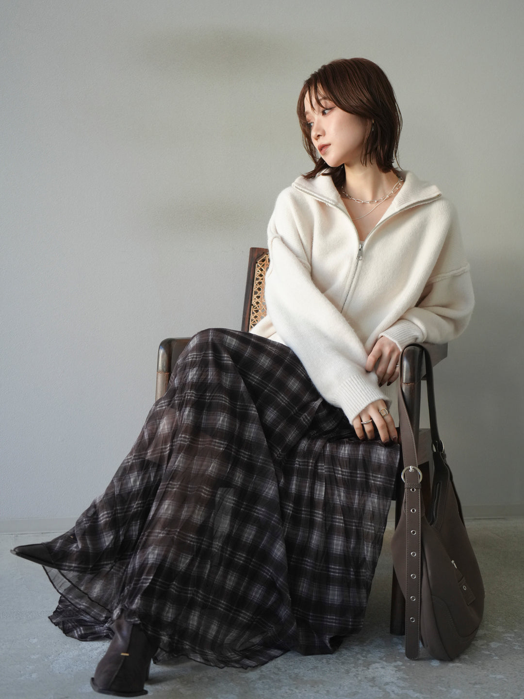 [予約]スタンドネックダブルZIPニットカーディガン/ivory