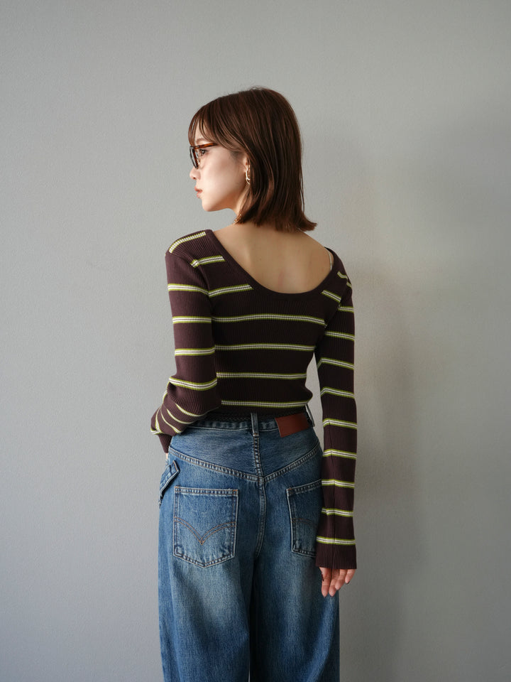 【SET】後開條紋毛圈羅紋上衣+畫家曲線牛仔褲（2件組）