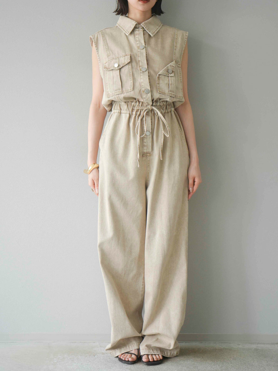 [予約]ポケットデザインデニムオールインワン/キャメル