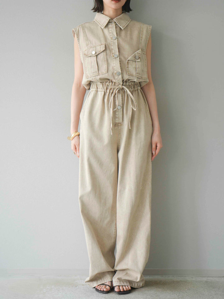 [予約]ポケットデザインデニムオールインワン/キャメル