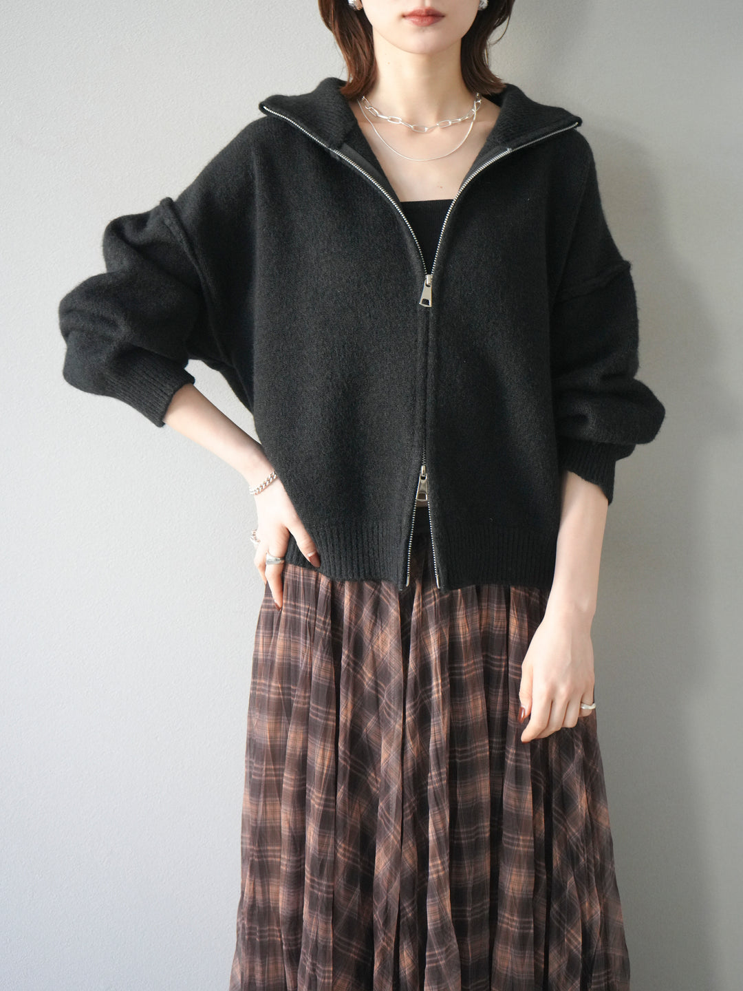 [予約]スタンドネックダブルZIPニットカーディガン/black