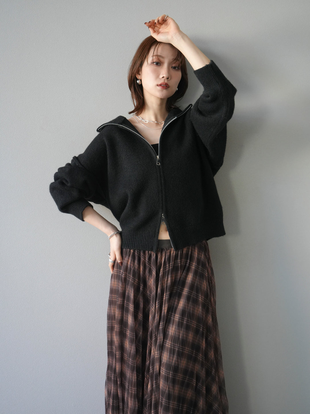 [予約]スタンドネックダブルZIPニットカーディガン/black