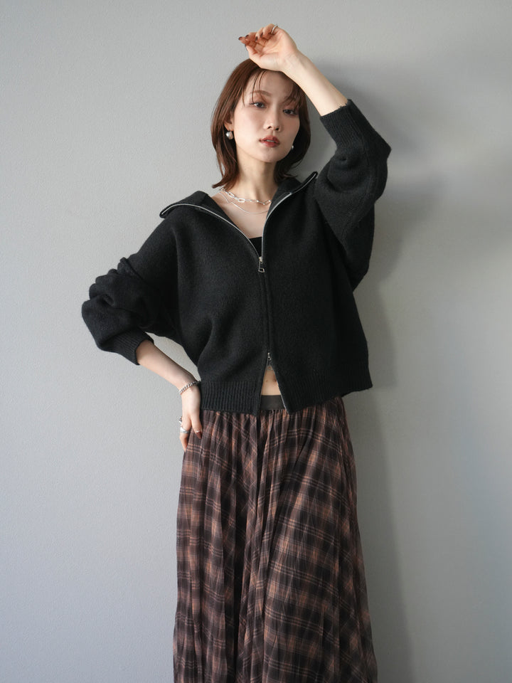 [予約]スタンドネックダブルZIPニットカーディガン/black