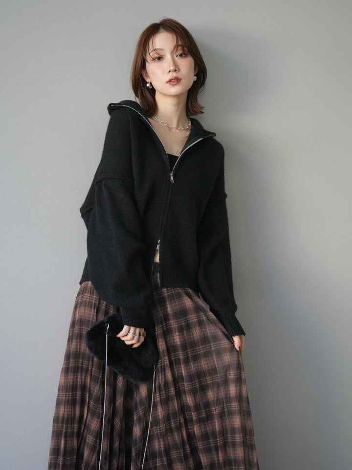 [予約]スタンドネックダブルZIPニットカーディガン/black