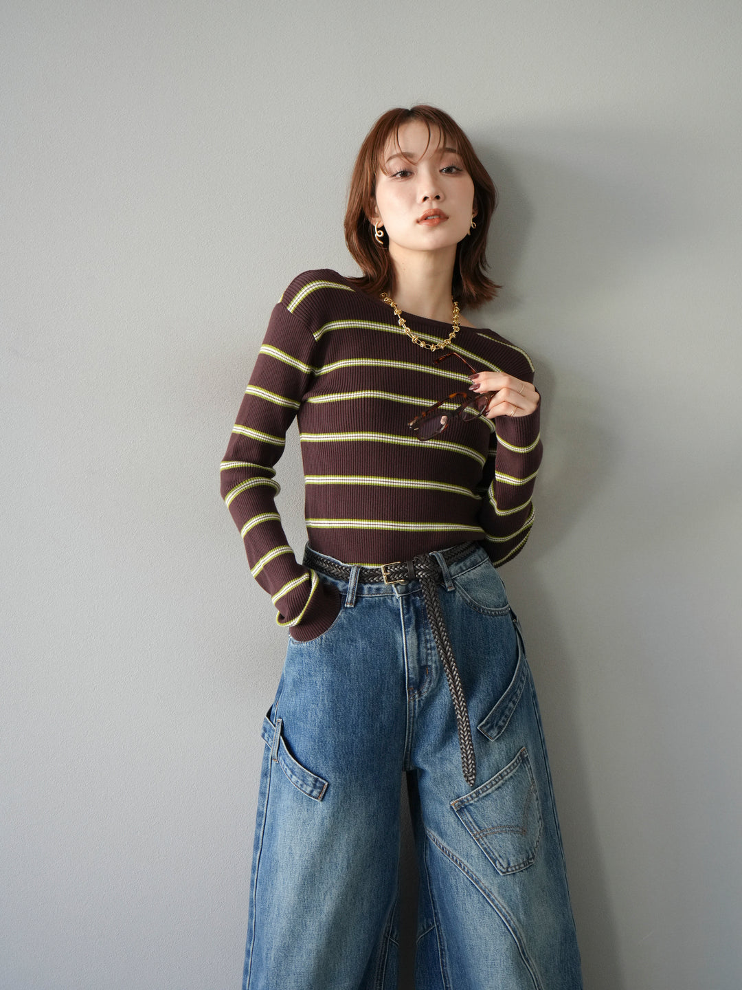 【SET】後開條紋毛圈羅紋上衣+畫家曲線牛仔褲（2件組）